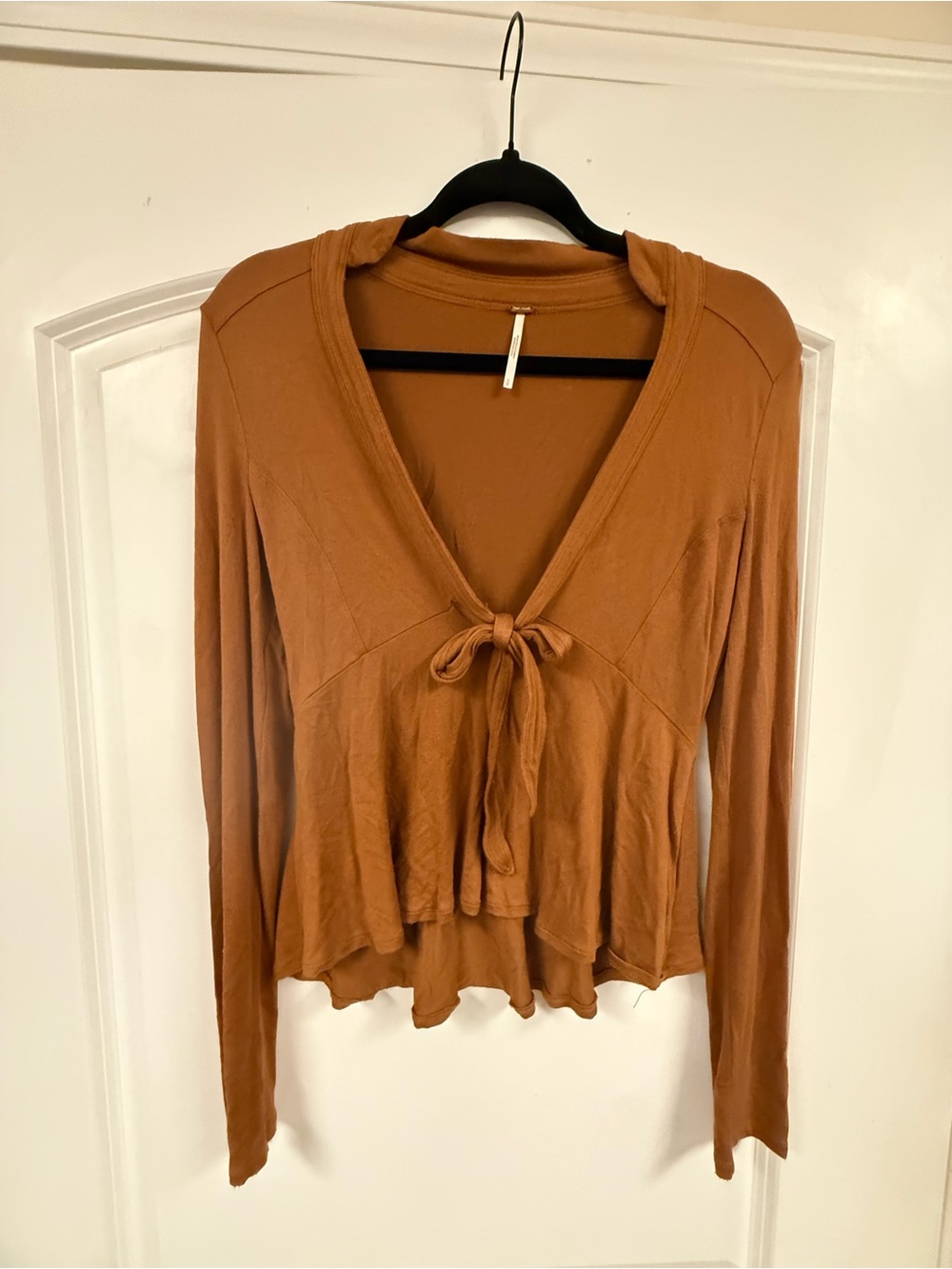 Free People Brown Tie Front Peplum Long Sleeve Top